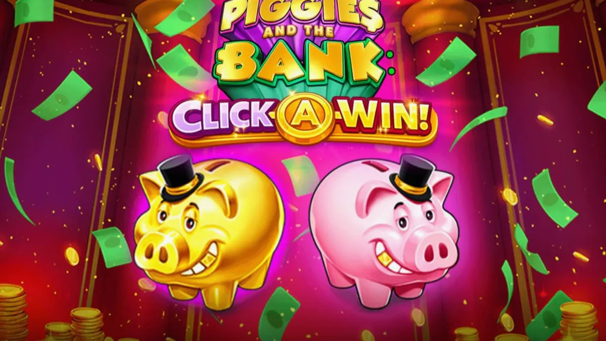 Piggies and the Bank: Click-A-Win slot interface with golden coins and piggy bank theme